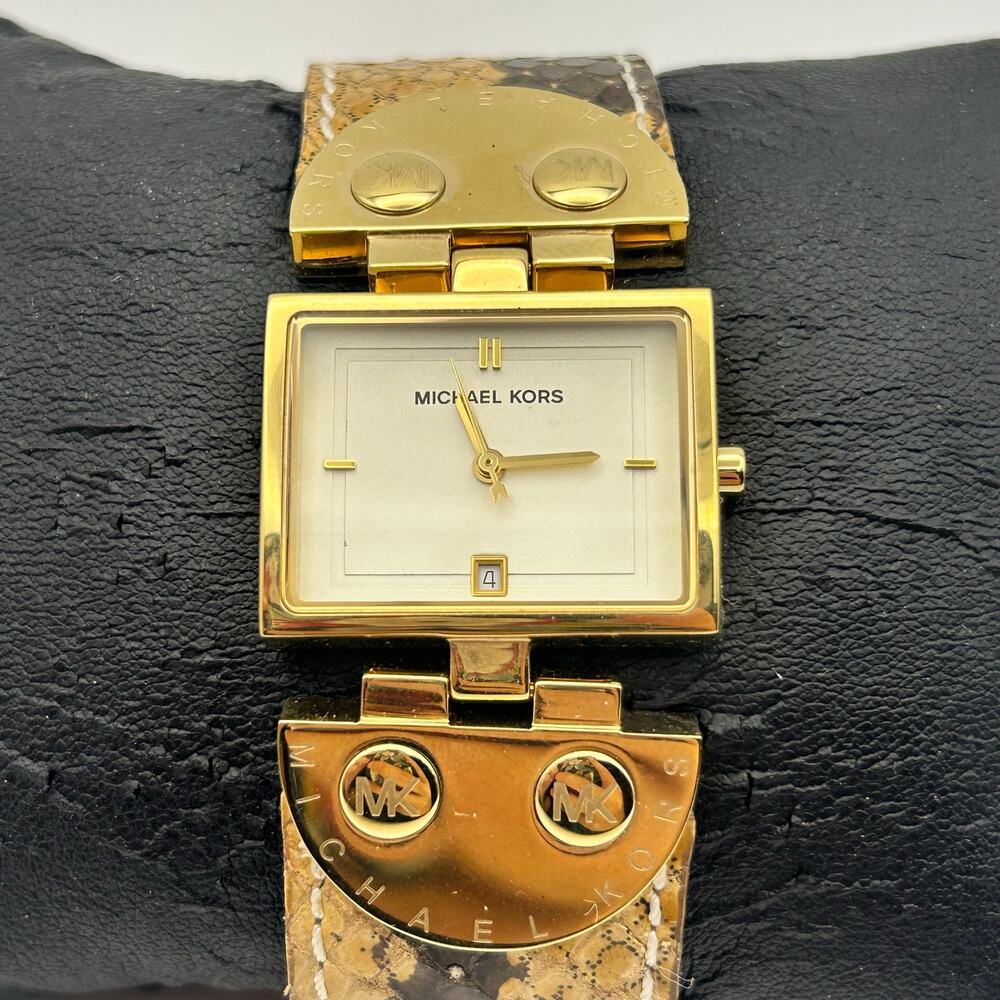 Michael Kors Gold-tone Snakeskin-pattern Leather Strap Women’s Watch Working